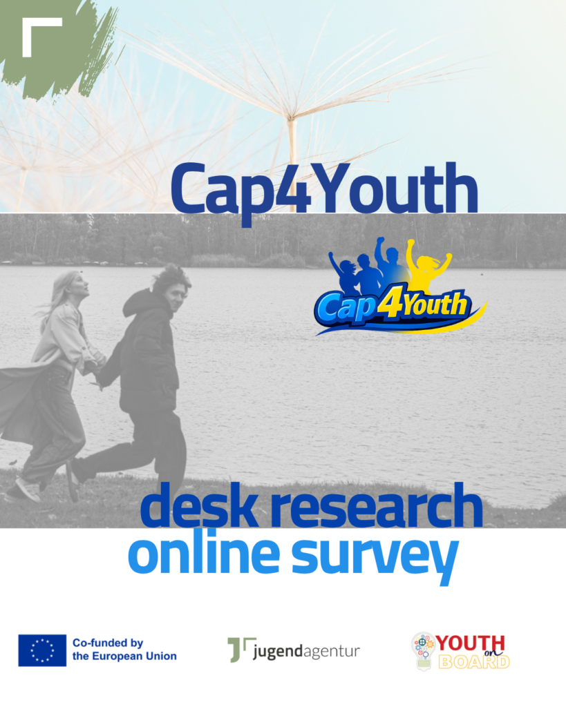 Text: Cap4Youth, desk research, online survey Dahinter ist ein Foto eines jugendlichen Pärchens am See in schwarz-weiß