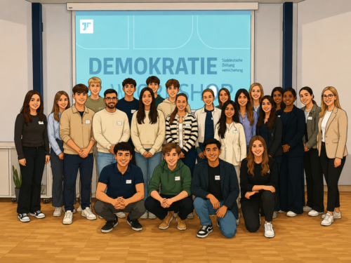 Gruppe junger Menschen steht gemeinsam in einem Seminarraum vor einer Präsentationsfläche.