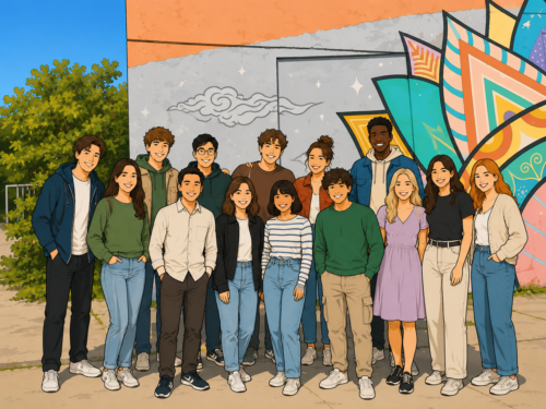Fröhliches Gruppenfoto vor bunter Mural-Wand