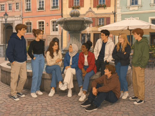 Junge Menschen sitzen und stehen an einem Brunnen auf einem historischen Platz.