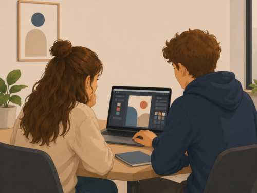 Zwei junge Menschen sitzen am Tisch und arbeiten gemeinsam an einem Laptop.