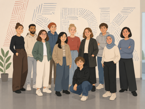 Gruppe junger Menschen vor einer abstrakt gestalteten Wand.