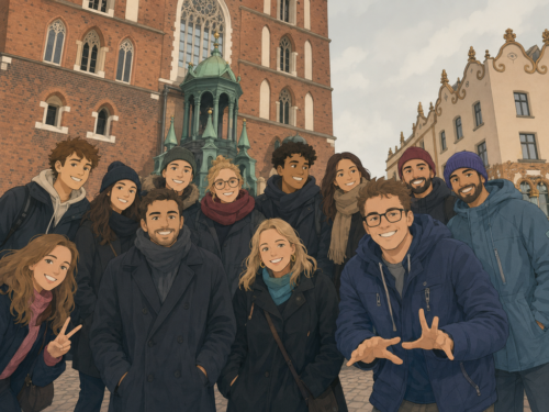 Gruppe junger Erwachsener steht in Winterkleidung vor historischen Gebäuden.