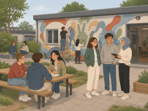 Junge Menschen gestalten und besprechen Ideen vor einem Jugendzentrum mit Wandbild.