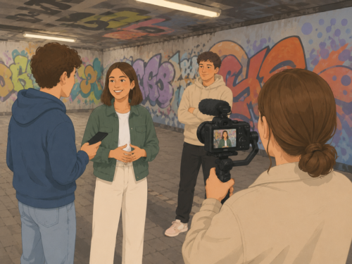 Jugendliche filmen ein Interview in einer Unterführung mit Graffiti.