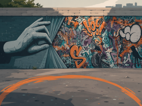 Graffitiwand mit großer gemalter Hand und orangefarbenem Bogen auf grauem Boden.