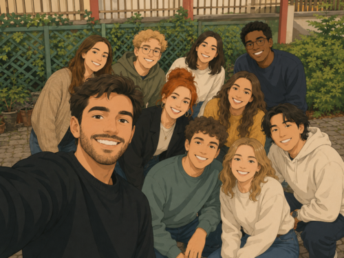 Gruppe junger Erwachsener macht ein Selfie in einem begrünten Innenhof.