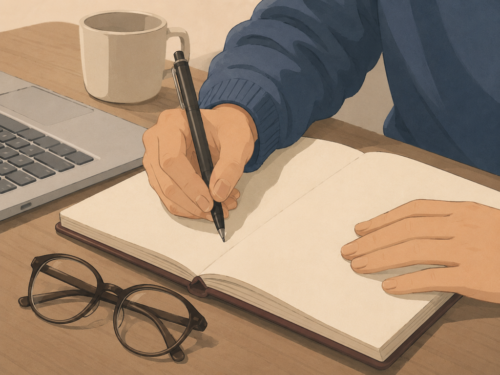 Hand schreibt mit einem Stift in ein offenes Notizbuch; Laptop und Brille liegen daneben.