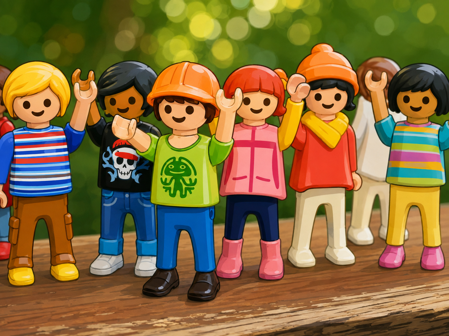 Playmobil-Figuren im Grünen im Comic-Style